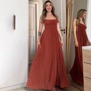 Pleated Maxi Babydoll Dress Open Back Flowy Skirt Tie Straps Lined